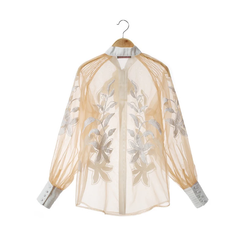  [LIVIVIO] Sheer Tops Embroidery Floral Long Lantern Sleeve Women Elegant Blouse Chiffon Shirt 2019 