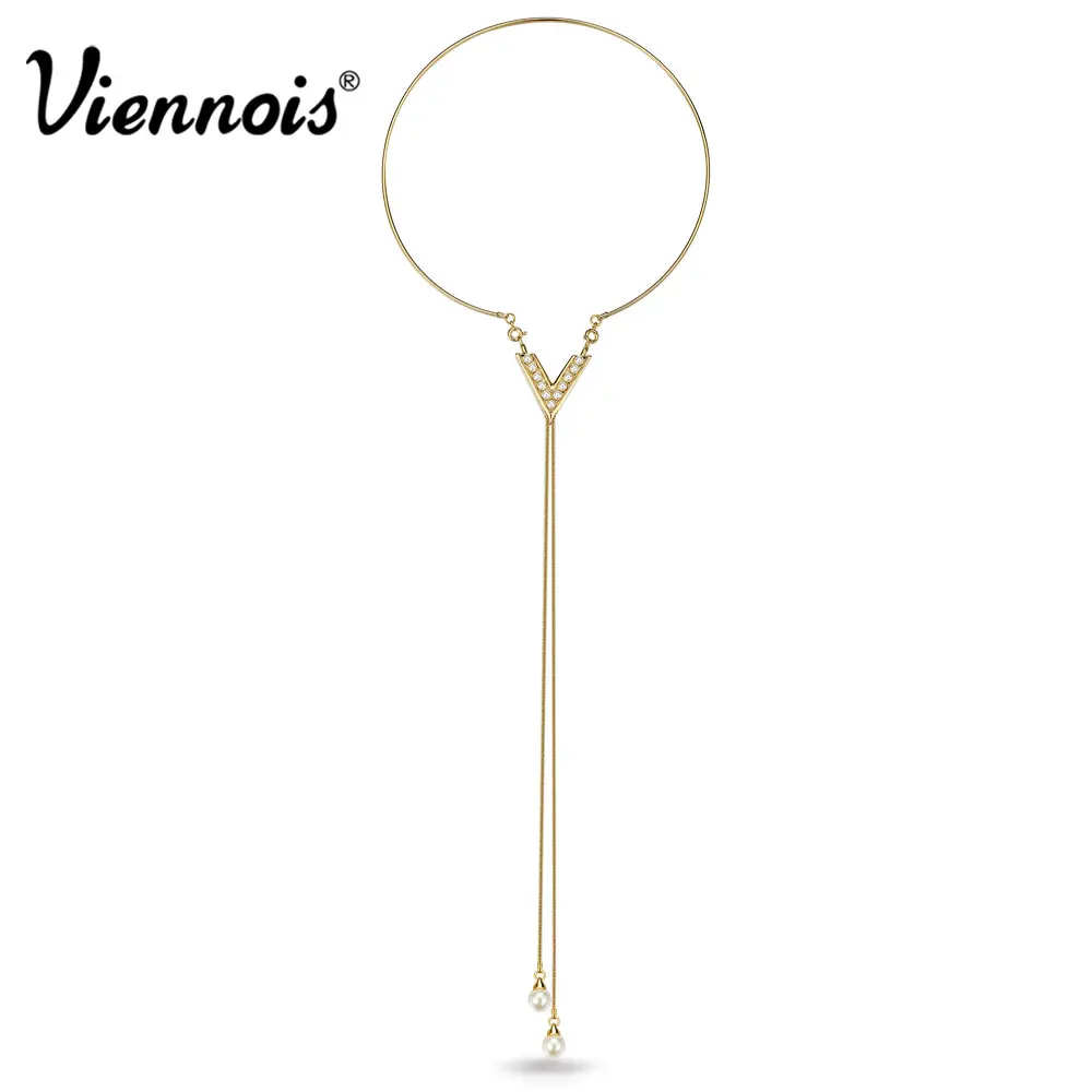 Viennois Золотой Цвет V-shaped Ожерелья& Lariats для Женщин Моменты Искусственный Жемчуг Длинные Ожерелья Женские Ожерелья Ювелирных Изделий