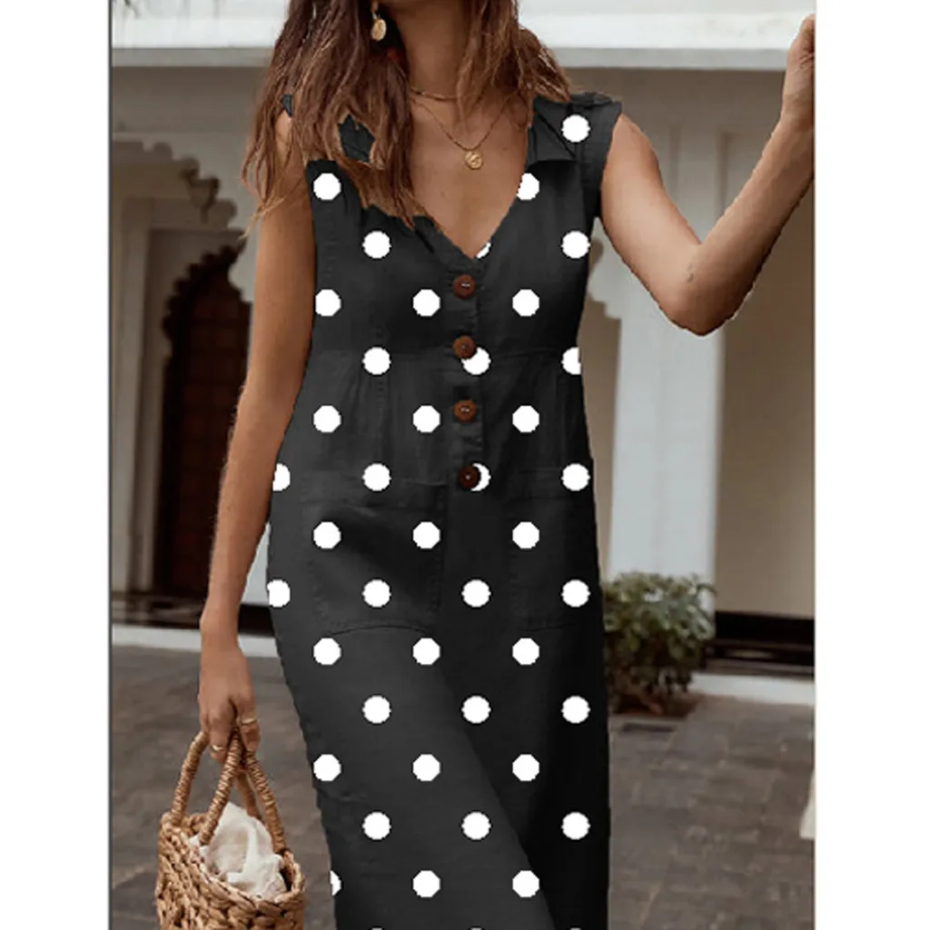 

Women's Elegant Dot Print Boho Dress Women's Turn-down V-neck Dress Button Pocket Dress L0527