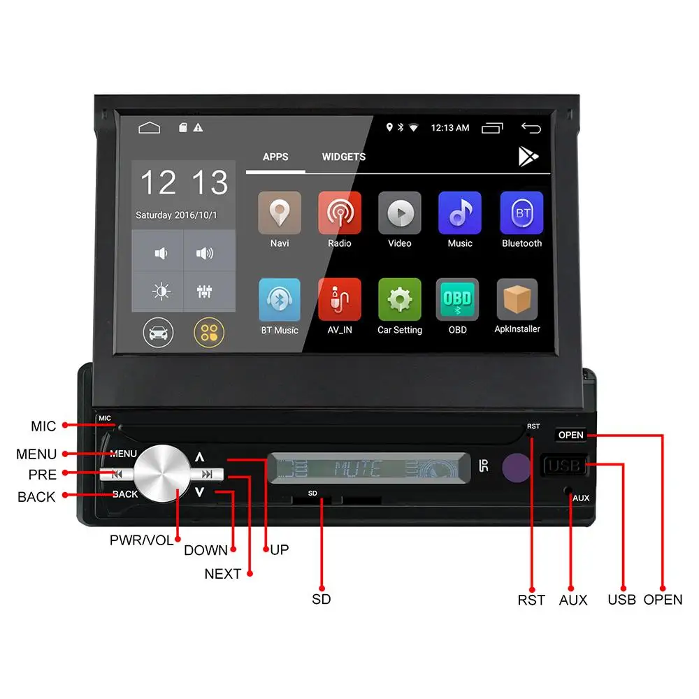 Top 7" 1DIN Car Stereo Multimedia Player 2+32G for Android 8.1 Adjustable Screen FM Bluetooth WIFI GPS Nav Radio Video MP5 Player 3