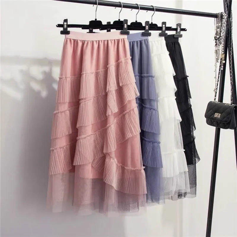 

Irregular Ruffle Mesh Skirts Solid Lace 2019 New-Coming Spring High Empire Mid-Calf High Street Style Women Skirts