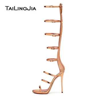 

Women Shiny Rose Gold Strappy High Heel Sandals Sliver Patent Leather Gladiator Knee High Summer Boots Ladies Dress Shoes 2018