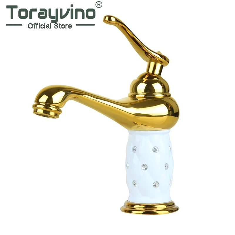 

Torayvino Bathroom luxury golden Wash Basin Sink Faucet Diamond Crystal Body Tap Single Handle Deck Mount basin faucet RU019