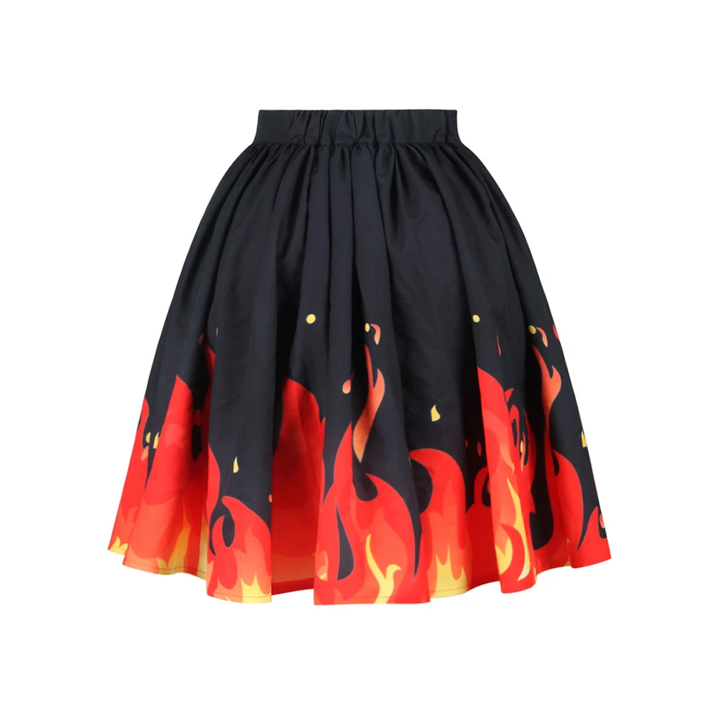 Women Gothic Black Skirt Ball Gown 3D Flaming Fire Print Street Cool