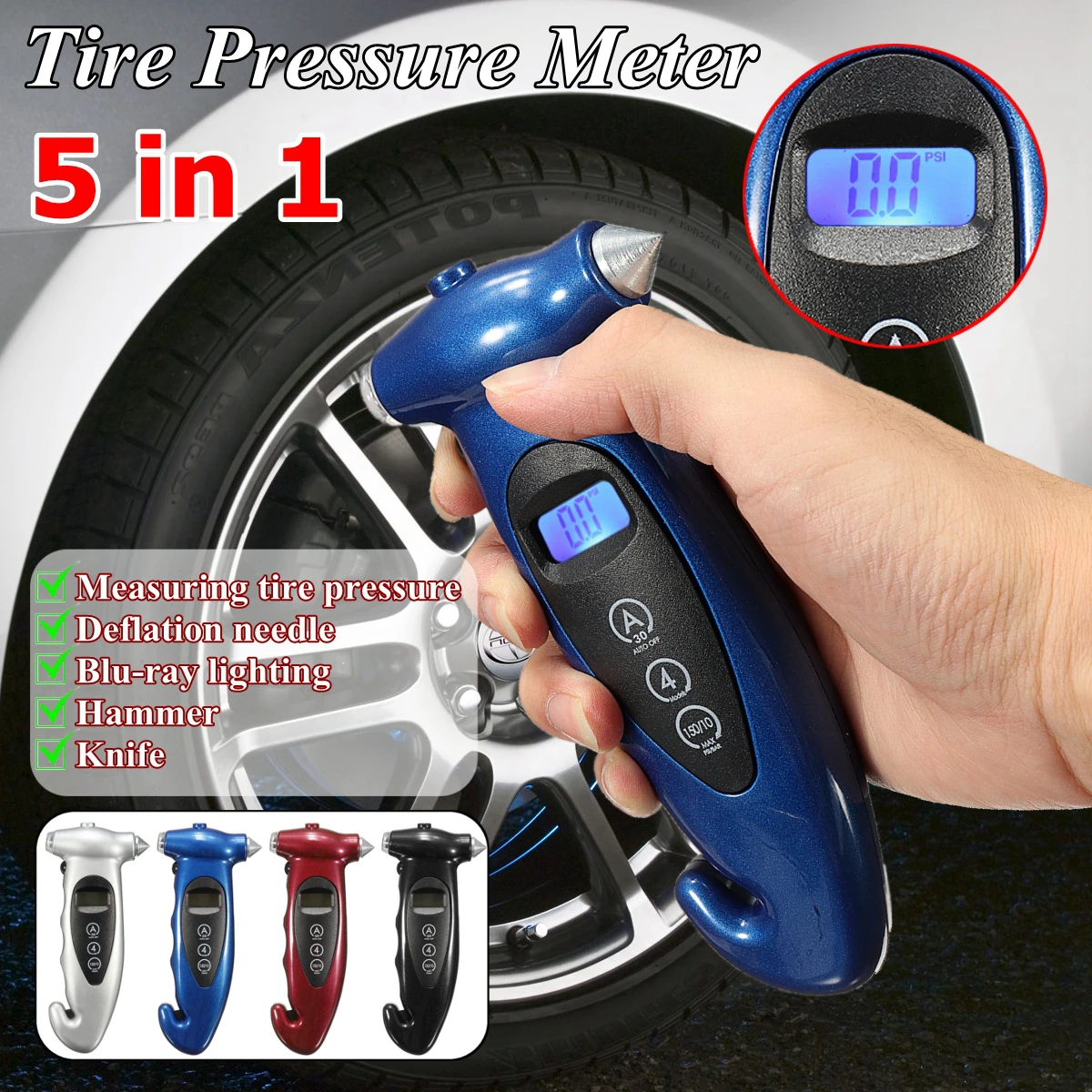 LCD Digital Tire Pressure Gauge Tire Tread Depth Tester Blue Light