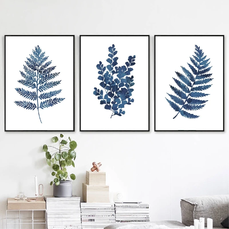 Ink blue fern wall art prints living room decor