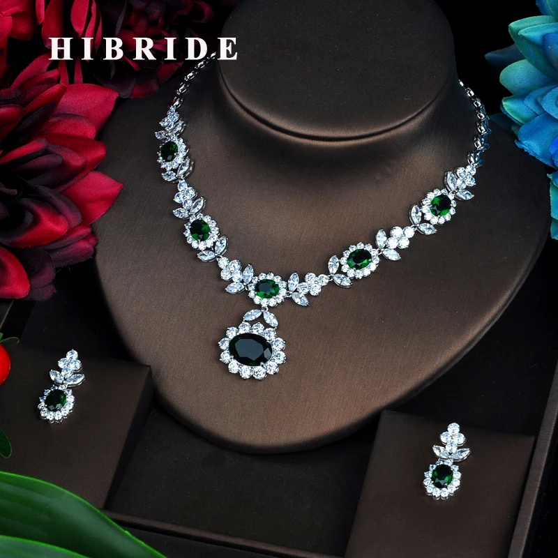 

HIBRIDE Luxury Green CZ Jewelry Sets For Women Pendant Set Bijoux Femme Accessories Flower Design Jewelry Gifts N-574