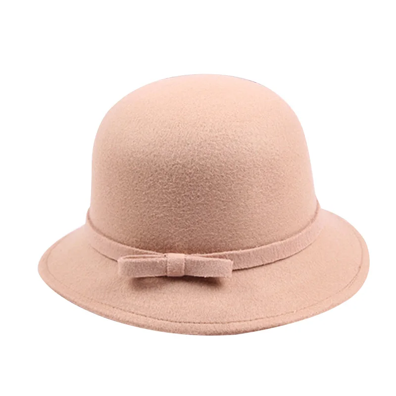 New Solid Fedoras For Girls Kids Beanie Hats With Bow Cute Children Wool Fedoras Hat 2017Autumn Winter Lovely Girls Accessories (8)