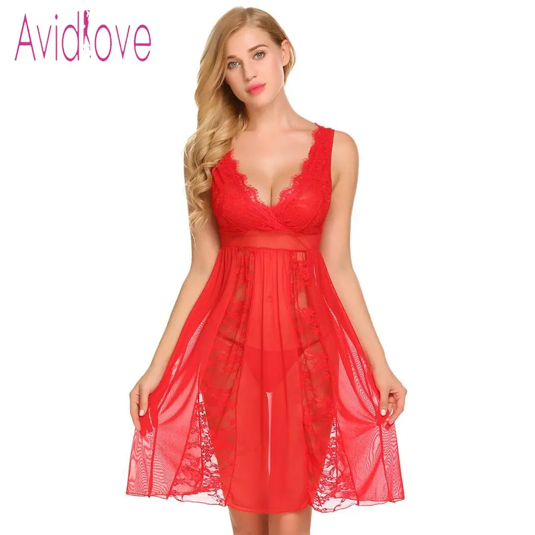 Avidlove женское сексуальное эротичное нижнее бельё Babydoll с v-образным вырезом кружевная сетчатая комбинация сорочка с набор набедренных повязок для сна lenceria - Цвет: Red