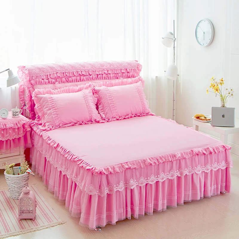 

3Pcs Girls Lace bed skirt set pillowcases king queen size 1.5x2m/1.8x2m/1.8x2.2m Princess bed set mattress protective cover set