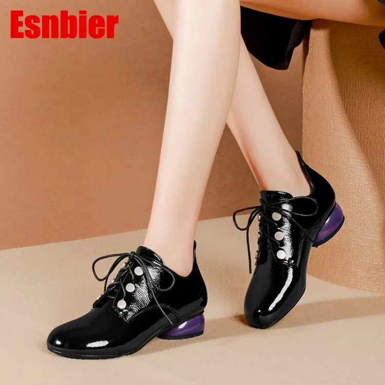 

2019 women pumps autumn spring patent leather lace up strange heel low heels lady shoes party dress wedding size 34-42