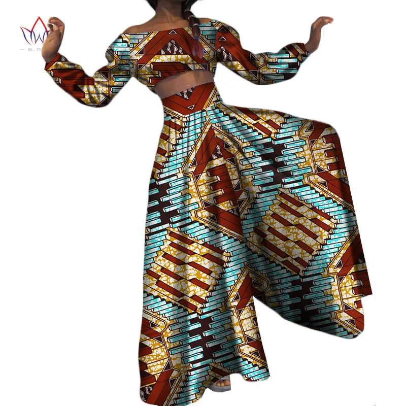 Африканский принт хлопковый костюм Женская обувь, Большие размеры 2 шт. короткий топ и Брюки для девочек вечерний комплект традиционный Дашики Костюмы brw WY2509