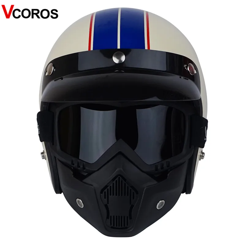 VCOROS 3/4 с открытым лицом винтажный мотоциклетный шлем со съемной маской для мужчин скутер Ретро мото шлемы для мотоцикл Vespa - Цвет: blue line with mask