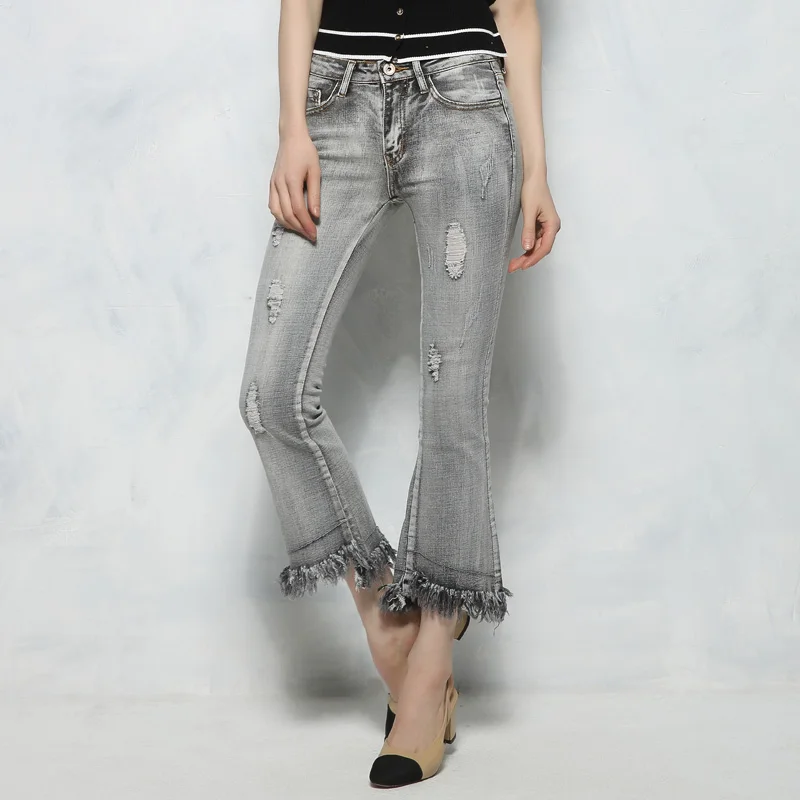 Women Grey Petite Frayed Hem Kick Flare Jeans Distressed Ankle Length