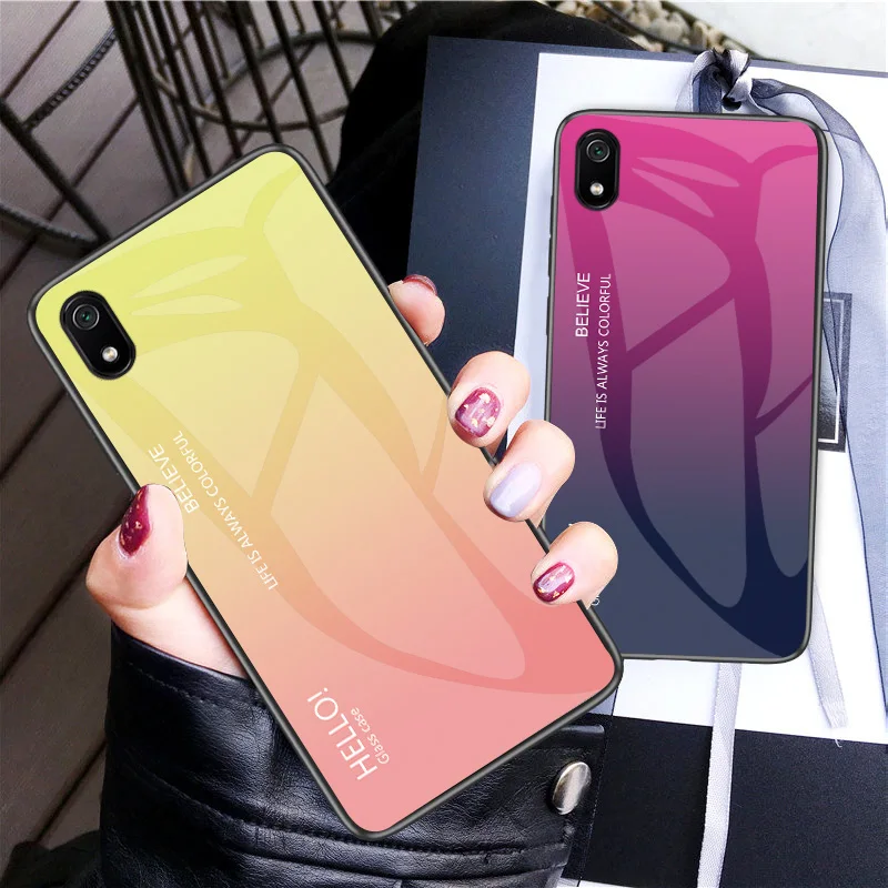 

For Xiaomi Redmi 7A Case Fashion Hard Tempered Glass Luxury Gradient Protective Back Cover case For xiaomi redmi7a phone shell