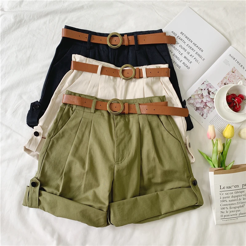 

New High Waisted Shorts for Women Loose Plain Army Green Shorts Two Ways of Wearing Korean Fashion Casual Short Pants