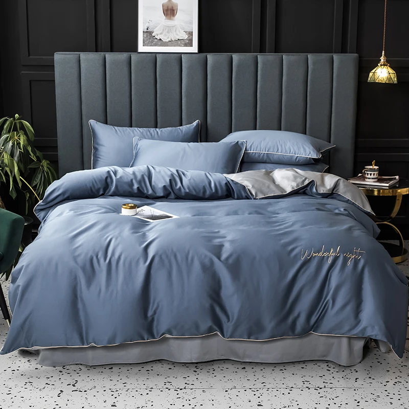  2019 New Product Solid Color 4 Pcs Bedding Set egyptian cotton Bedclothes Navy Blue Bed Linens Duve