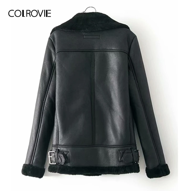 COLROVIE الأسود زيبر جيب فو الفراء اصطف بو سترة جلدية معطف النساء 2019 الأزياء الدافئة سميكة السيدات الستر قميص