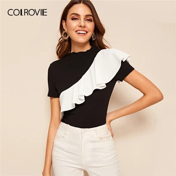 

COLROVIE Black Stand Collar Flounce Lettuce Trim Elegant T Shirt Women 2019 Summer Slim Workwear Office Ladies Tee Shirts Tops