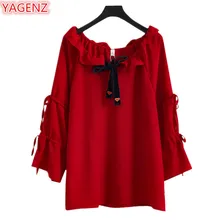 YAGENZ плюс размер шифоновая рубашка весна осень футболки женская одежда футболки топы с рукавами-фонариками О-образным вырезом свободная футболка Pullover954