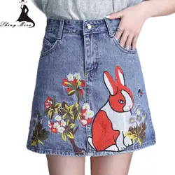 Shinymora летний Джинсы Юбки Для женщин линии вышивка кролик Джинсовые юбки Повседневные мини-юбки Европа Стиль модные юбки женские
