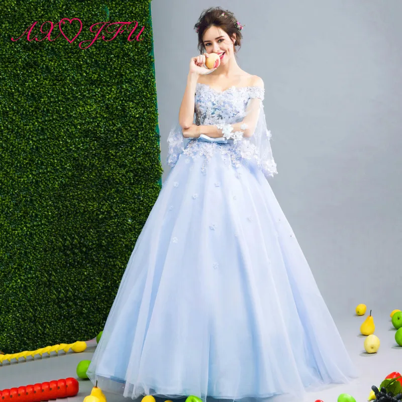 

AnXin SH Flower girls blue handmade evening dress petal Bride Toast dinner party blue evening dress 257