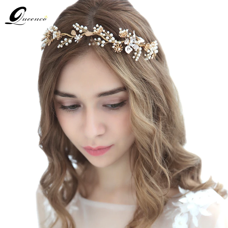 QUEENCO Golden Leaf Branch Headband Pearls Crystal Hairband Tiara