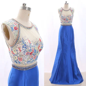 

MACloth Blue Mermaid Scoop Neck Floor-Length Long Embroidery Tulle Prom Dresses Dress S 265721 Clearance