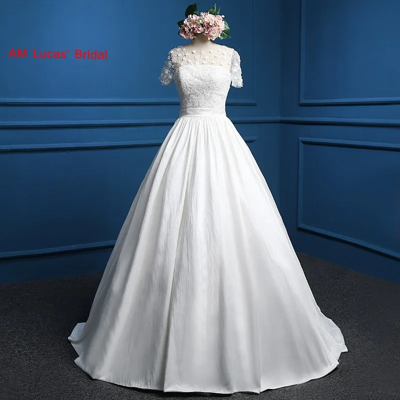New A Line Wedding Dresses Short Sleeves Beaded Crystals Robe De