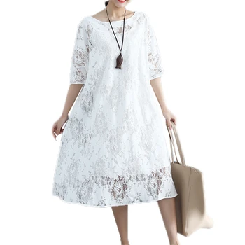 

2018 Autumn Women Large Size Lace Hollow Out Dress Female Casual Loose Two Pieces O-Neck Half Sleeve Mid-Calf Dresses O304