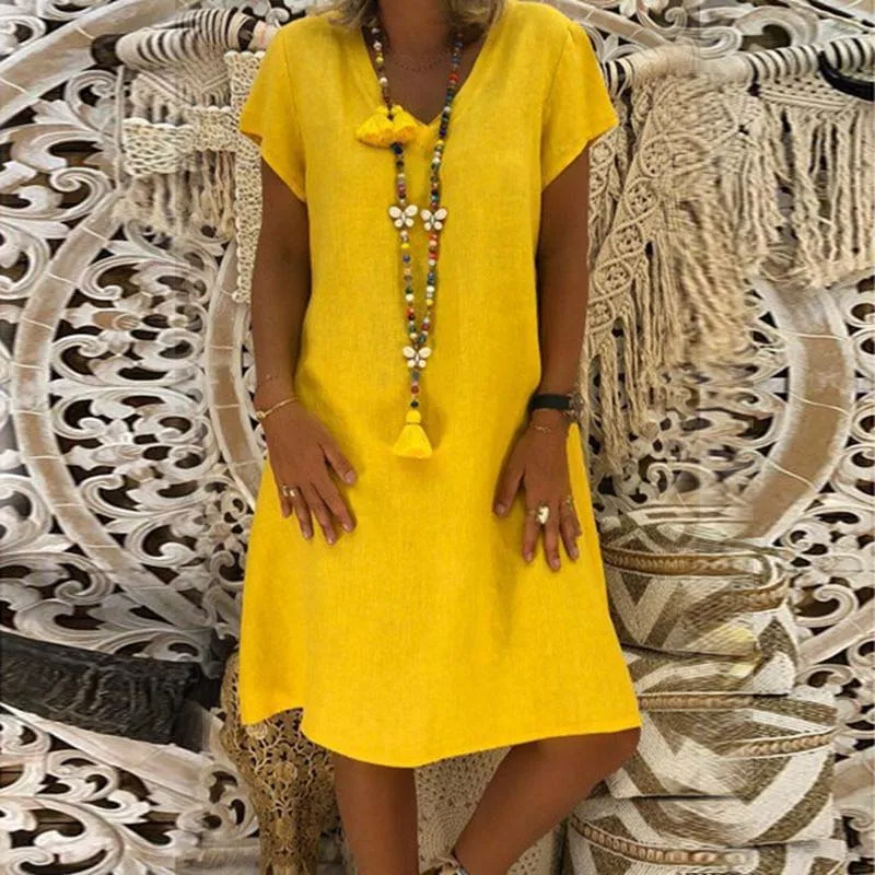 

Plus Size Dress Women's Clothing 2019 Summer Large Dresses V-Neck Cotton Dress Ladies Casual Solid Loose Linen Dress Vestidos
