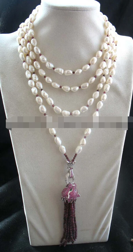 

08149 freshwater pearl & garnet leopard clasp necklace 70" nature