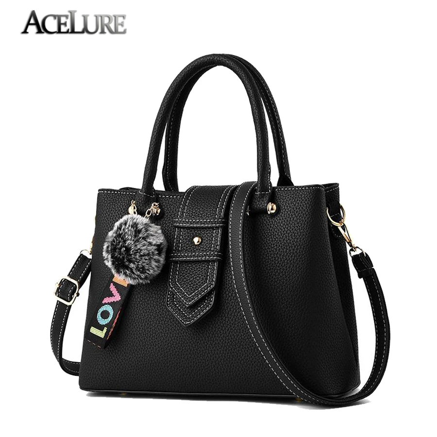 

ACELURE Fur Ball Hanging zipper & hasp Shoulder Bag For Women Solid Soft PU Leather Top-handle Bags Lady Shopping Accessories