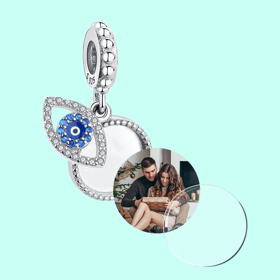 Серебряные бусины 925 пробы синий турецкий счастливый глаз болтаются круглые талисманы подходят браслет DIY персонализированные фото на заказ ювелирные изделия