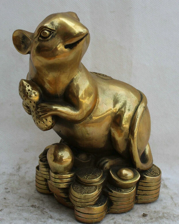 

USPS to USA S1926 8" Chinese Brass Wealth Feng Shui Zodiac Year Mouse Money sculpture Statue B0401