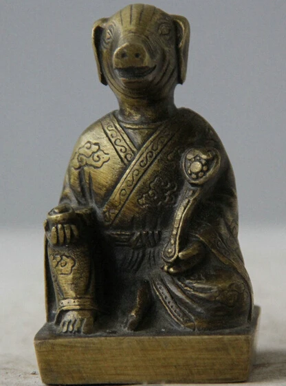 

184@g++Old Chinese Folk Copper Zodiac Year Pig Hog Swine Wealth Ru Yi Statue Sculpture