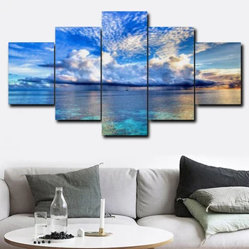 

Modern Canvas Painting Printed Framework Living Room Decor 5 Pieces Blue Sky White Clouds Seascape Pictures Wall Art Poster