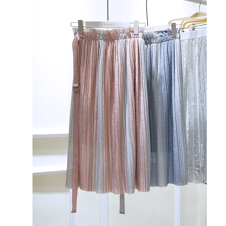 Cakucool новый корейский блестящим люрексом плиссированные юбки с поясом миди длинные цветная нашивка градиентные Юбки Лето