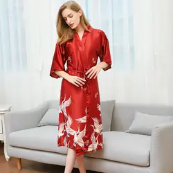 Китайский стиль Женские атласные пижамы домашнее платье невесты свадебное халат красный с принтом кимоно Сексуальные халаты Банные