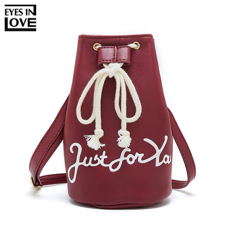 

EYES IN LOVE Small Messenger Bag Women Soft Leather Red Ladies Purse String Mini Bucket Shoulder Crossbody Bag Purses For Female