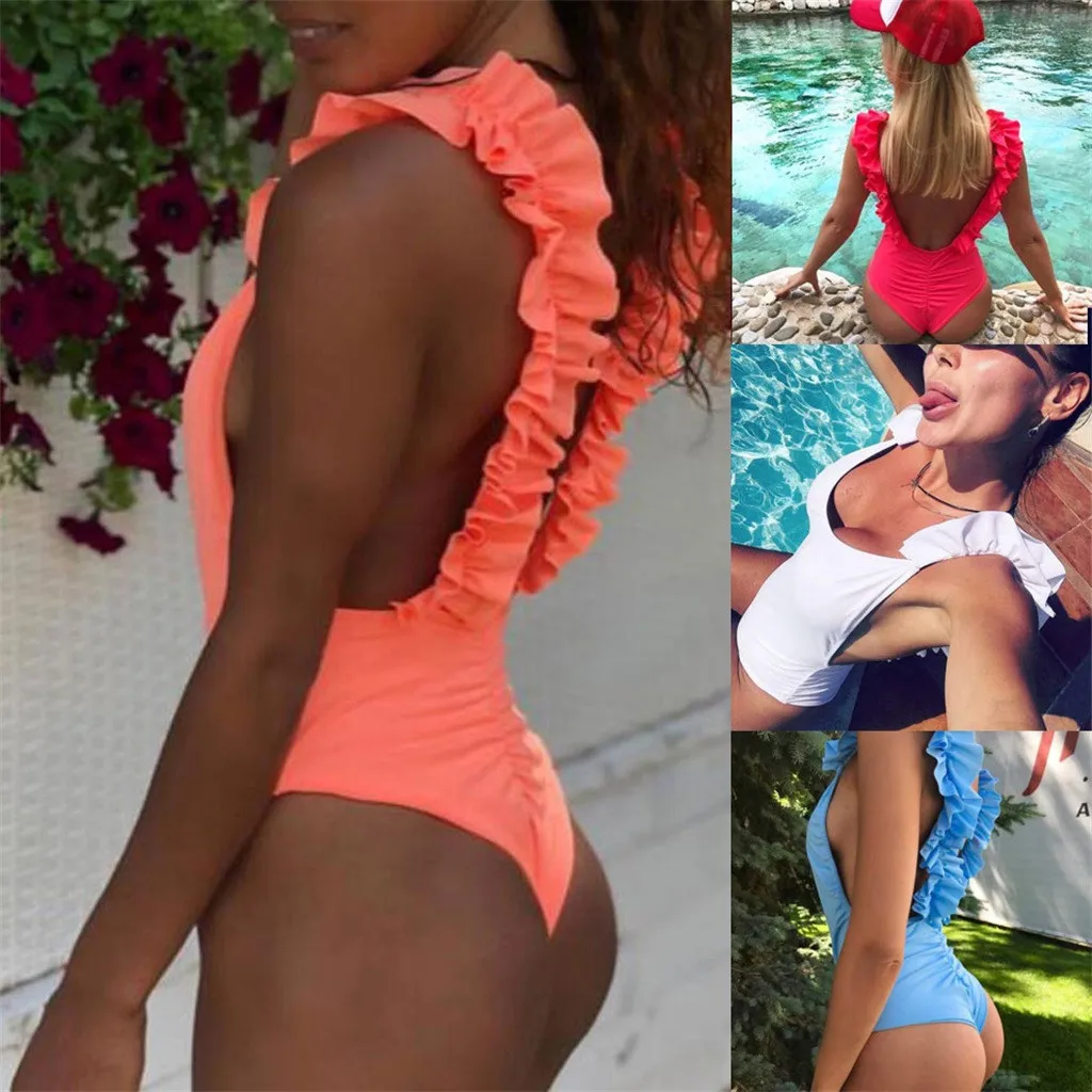 

2019 Sexy Solid Ruffle Push-Up Padded Women One Piece Bra Beach Halter Bikini Set Swimwear Thong Swimsuit Biquini#H