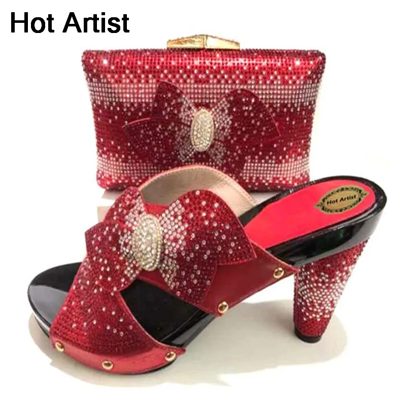

Hot Artist Nigerian Style Rhinestone High Heels Shoes And Bag Set Latest Red Color Italian Shoes And Bags To Match Set TX-222