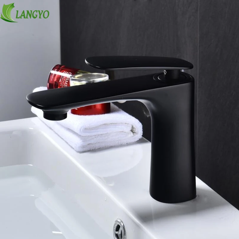 LANGYO роскошный смеситель для раковины с черным лицом, одиночный держатель с одним отверстием, кран для раковины, смеситель холодной и горячей воды для ванной комнаты, высокий кран для раковины