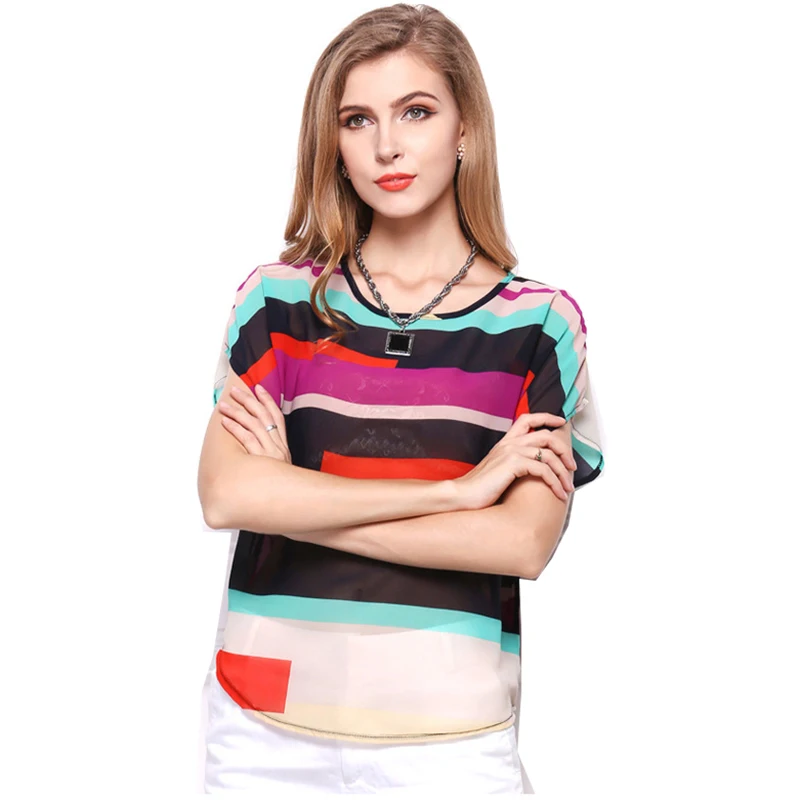

2019 blouse Women Irregular Colorful Chiffon Shirt Striped Bat Shirt Rainbow Loose short-sleeved blusa feminina Vestidos HJY007