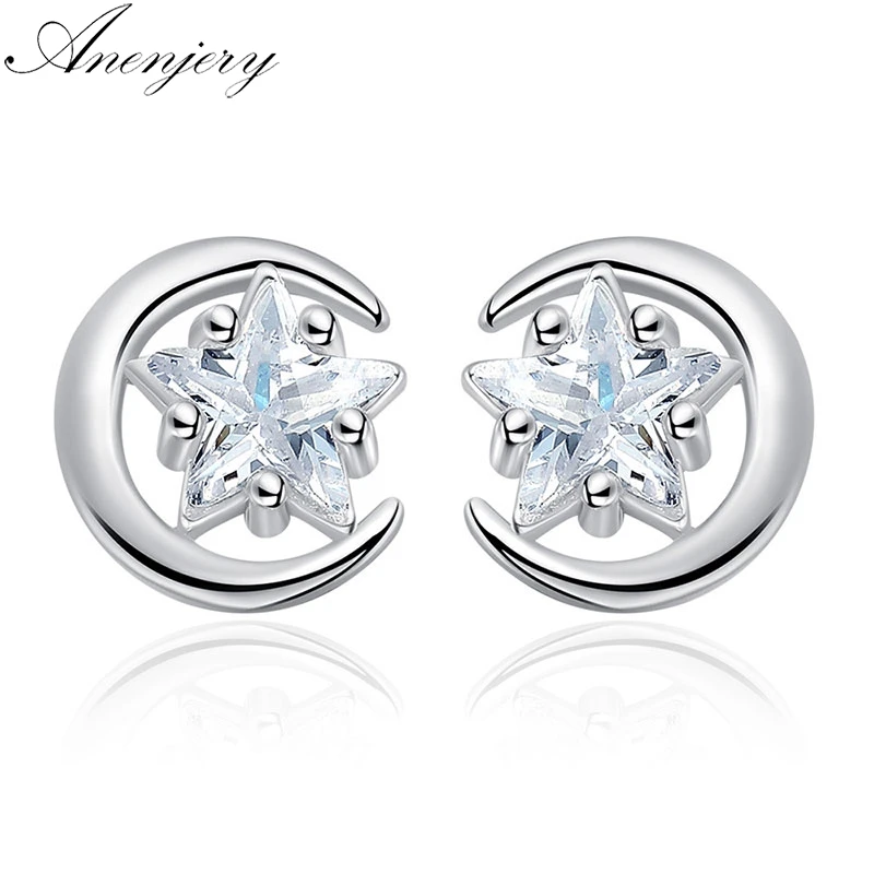

Anenjery Creative Design Moon Star Zircon Earrings For Women Girl Gift 925 Sterling Silver Jewelry oorbellen S-E634