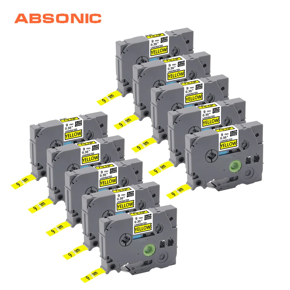 

Absonic 10PCS 9mm Black on Yellow TZ Tape TZ621 TZe-621 TZ-621 TZe621 Compatible for Brother P-Touch PT-D210 PT-H110 Labelmaker