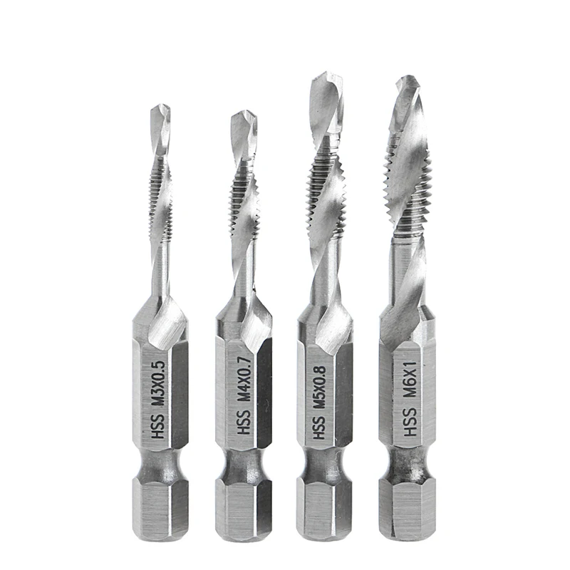 

4Pcs/Set High Speed Steel HSS 4241 Drill Bits Hex Shank Spiral Tap M3-M6 -H02
