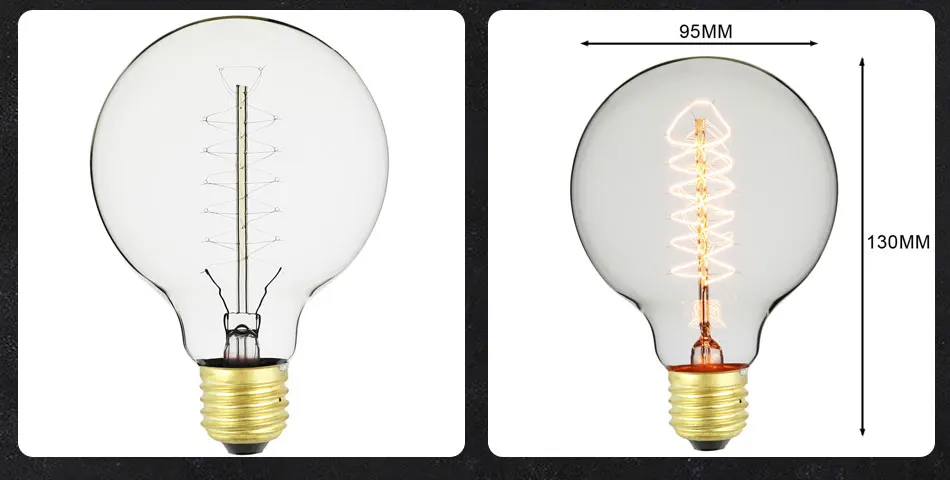 G95 Edison Bulb 40W 220/240V E27 Vintage Light Bulb Tungsten/Spiral Filament Amber Clear Glass Globe Shape Bulb