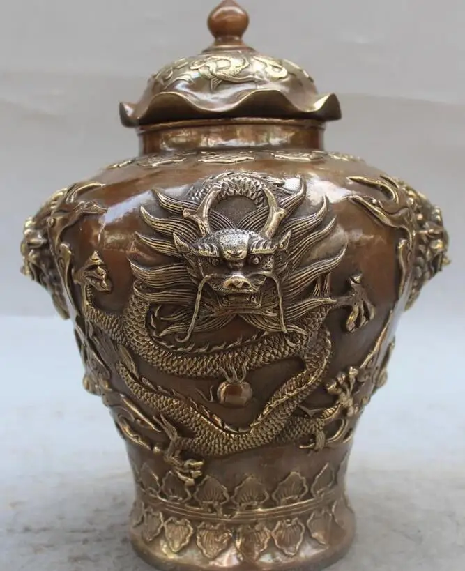 

6710958++11"Marked Bronze Fengshui Lion 8 Auspicious Symbol dragon incense burner Statue