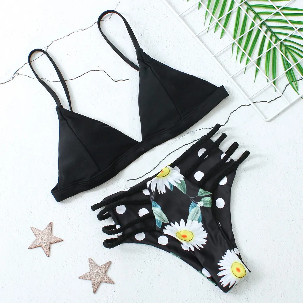 

KLV Women sexy bikini 2019 verano traje de ba o mujeres Two-Piece Tropical Print Bikini Braided Rope Swimwear Beachwear #4